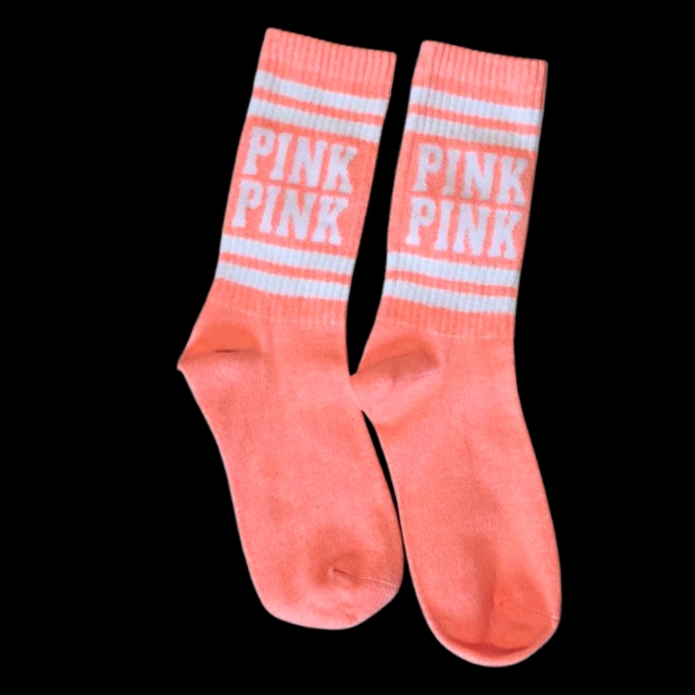 PINK Victoria's Secret Coral Crew Socks with White Stripes